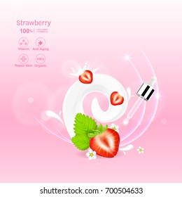 Strawberry Red Serum Extract and Collagen Vitamin Vector for Skin Care Cosmetic and Beauty Products.