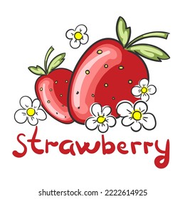 Strawberry red summer fruit logo icon with lettering on white. Vector doodle cartoon style graphic illustration. Vegetarian print, poster, card. Natural, organic dessert sweet, fresh berry