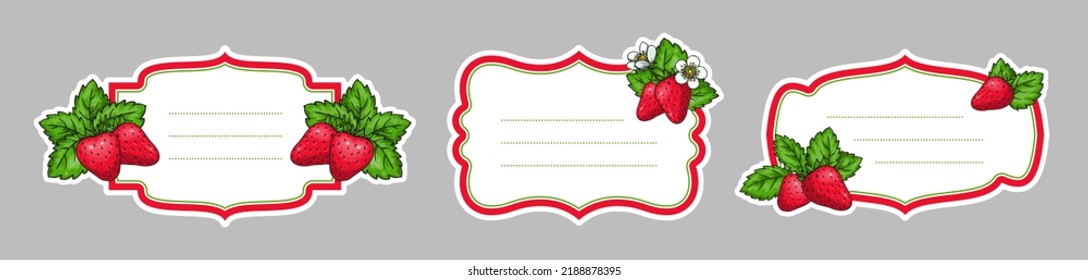 Strawberry retro labels with realistic handdrawn berries flowers leaves. Farmers market badges for organic fruit product package canned jam jar, marmalade box, farmers market, juice fresh tag sticker