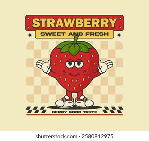 Strawberry retro mascot character,  design can be used as t shirt, sticker, poster, print design, apparel design