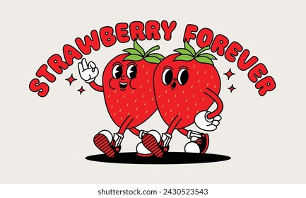 Strawberry retro mascot with hand and foot. Retro cartoon stickers with funny comic characters and gloved hands.