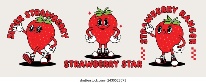 Strawberry retro mascot with hand and foot. Retro cartoon stickers with funny comic characters and gloved hands.