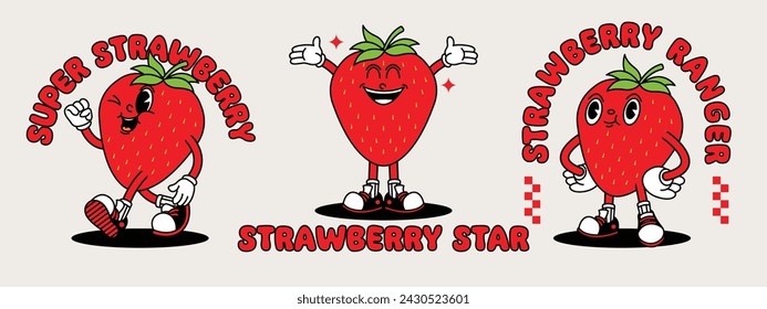 Strawberry retro mascot with hand and foot. Retro cartoon stickers with funny comic characters and gloved hands.