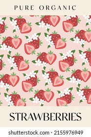 Strawberry. Retro posters with fruits. 90s 80s 70s groovy posters. Modern trendy print. Hand drawn fruit pattern. Vector illustration