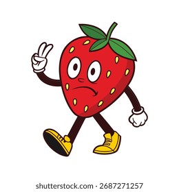 Strawberry retro vector cartoon character.