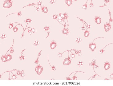 Strawberry. Ripe berries. Seamless pattern, background. Vector illustration. In graphic, egraving, botanical style in soft pink colors..