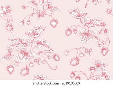 Strawberry. Ripe berries. Seamless pattern, background. Vector illustration. In graphic, egraving, botanical style in soft pink colors..