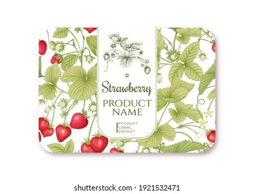 Strawberry. Ripe berries. Template for product label, cosmetic packaging. Easy to edit. Graphic drawing, engraving style. Vector illustration