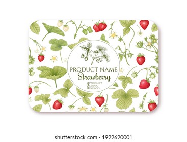 Strawberry. Ripe berries. Template for product label, cosmetic packaging. Easy to edit. Graphic drawing, engraving style. Vector illustration