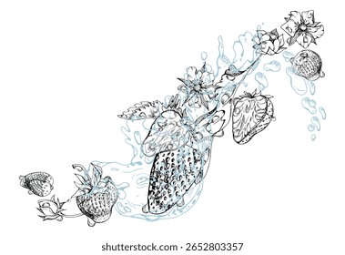 Morango maduro bagas de jardim voando em água salpicos folhas flores, úmido gotas de orvalho, pineberry strasberry fresco snakeberry. Mão de ilustração isolada desenhada em tinta vetorial. Bebida, pacote de supermercado
