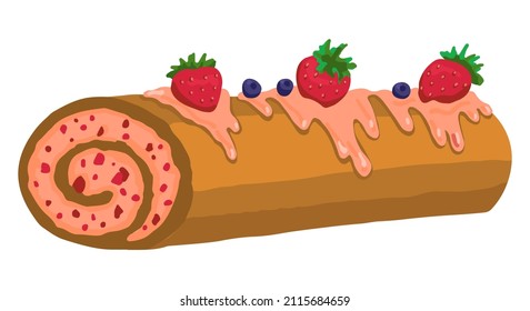 Strawberry roll, pastry dessert. Hand drawn vector illustration in flat style. Single doodle of sweet food. Cartoon clipart isolated on white background.