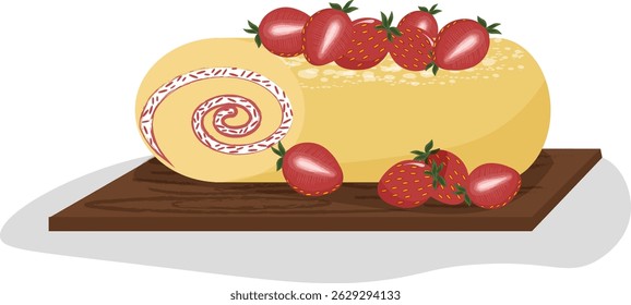 Strawberry roll. Sweet log. Cartoon spiral cake. Pastry with fresh berries and cream. Dessert lies on a wooden board. Vector illustration