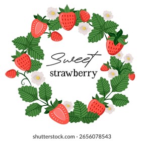 Marco redondo de fresa. Fresas rojas con flores y hojas en forma de corona. Tarjeta de felicitación vintage romántica, Plantilla de Vector de invitación.