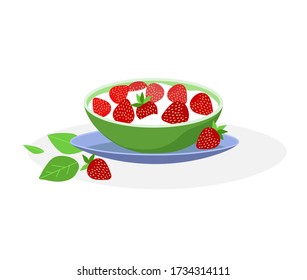 Strawberry salad vector. Strawberry dessert white cream, green bowl blue plate.