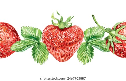 Strawberry seamless border, watercolor. Green leaves, red berries. Vector illustration. Packaging paper, wallpaper, fabric, tea labels, jam, cosmetics