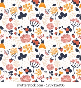 Strawberry seamless pattern. Abstract berries, branches, leaves and flowers. Vector white  background. Perfect for printing on the fabric, design package and cover. 