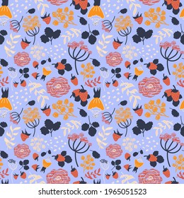 Strawberry seamless pattern. Abstract berries, branches, leaves and flowers. Vector blue background. Perfect for printing on the fabric, design package and cover