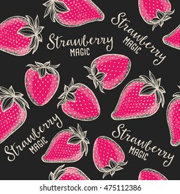 Strawberry seamless pattern background. Food texture with hand-drawing fruits. Graphic print for restaurant template.