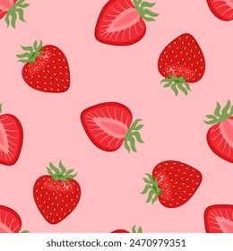 Strawberry seamless pattern.  Background with sweet red berry. Vector cartoon flat illustration.