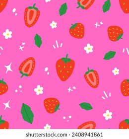 Strawberry Seamless Pattern Background Vector Design. Cute hand drawn surface pattern in bright colors. Pink, red, green, yellow and white.