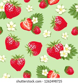Strawberry seamless pattern with berries, flowers and leaves on green background. Vector illustration in cartoon simple flat style.