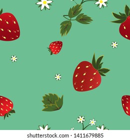 Strawberry seamless pattern. Berries, flowers, strawberry leaves