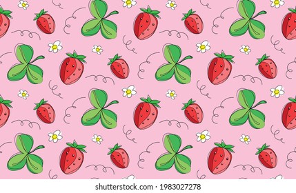 Patrón de fresa sin soldadura. Berries, hojas, flores de fresa. En un fondo rosado. Vector