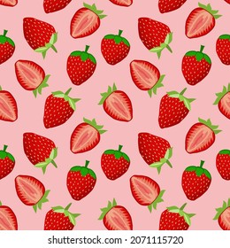 Strawberry Seamless pattern with berries  on a pink background. Design for textiles, posters, labels. Vector illustration.