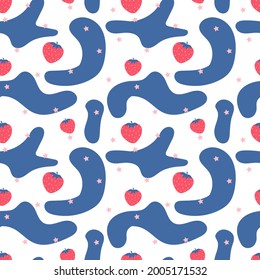 strawberry seamless pattern. berry fruit pattern. berries, strawberries, abstract spots and stars. blue spots. stock vector illustration isolated on white background.
