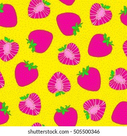Strawberry seamless pattern. Bright pop art. Hand drawing. Vector illustration.