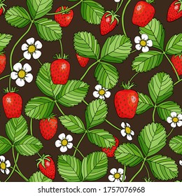 Strawberry seamless pattern. Bright red berries, green leaves and white flowers on dark background. Colorful cartoon vector illustration for decoration, textile, wrapping, packaging