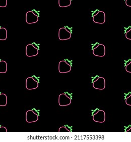 Strawberry seamless pattern, bright vector illustration on a black background.