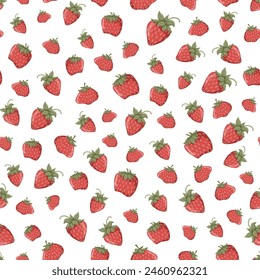 Strawberry seamless pattern. Cartoon wild red berries. Vector hand drawn texture illustration for summer cover, botanical wallpaper design. White background.