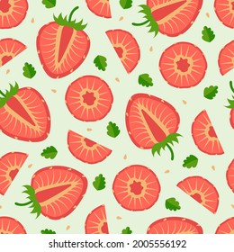 Strawberry seamless pattern with cut summer berries on a light green background. Good for textiles, home decor, baby clothes, printing, digital paper.