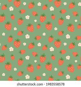 Strawberry seamless pattern. Cute summer berries flowers in green background.Strawberry fabric textile design