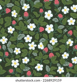 Strawberry seamless pattern. Cute summer berries and flowers on a dark background. Textile design made of strawberry fabric.