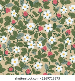 Strawberry seamless pattern. Cute summer berries and flowers on a yellow background. Textile vintage design.