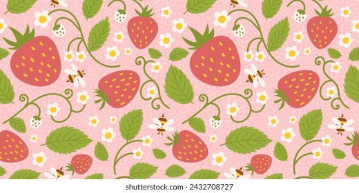 Strawberry seamless pattern design with cute berries, flowers, green leaves and little bee. Repeated surface design for kitchen apparel, textile, wrapping paper and other purpose.