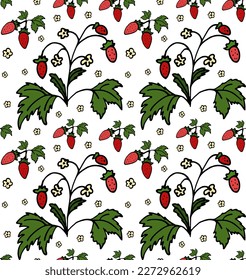 Strawberry seamless pattern. Doodle colorful vector for fashion, print, textile, cover. Red, green. Pattern for background, card, poster, coves, scrapbooking, textile, wrapping, banners, notebook.