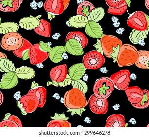 Strawberry seamless pattern. Doodle sketch fruits. Summer background.