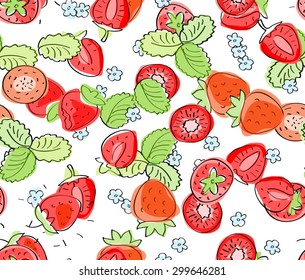 Strawberry seamless pattern. Doodle sketch fruits. Summer background.