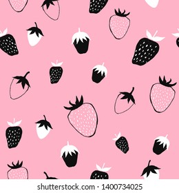 Strawberry seamless pattern for fabric design. Vector repeat background. Hand drawn berries black, white and pink trendy colors. Pink background. Line art backdrop design.