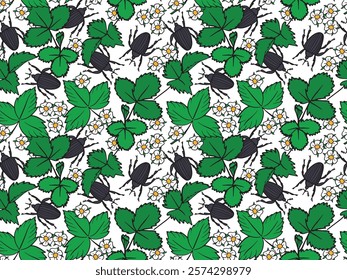 strawberry seamless pattern featuring leaves, flowers, and beetles. Perfect for fabric, wallpapers, packaging, and summer-themed designs.