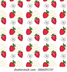Strawberry seamless pattern with flowers and abstract elements. Vector illustration. Continuous outline doodles
