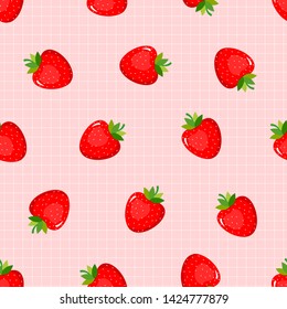 Strawberry  seamless pattern. fresh fruit with grid on pink background vector illustration.