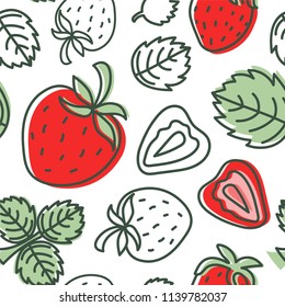 Strawberry Seamless Pattern. Hand Drawn Fresh Berry. Vector Sketch Background. Doodle Wallpaper. Red And Green Print