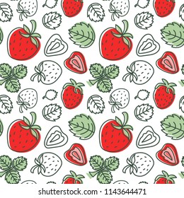 Strawberry seamless pattern. Hand drawn fresh berry. Multicolored vector sketch background. Colorful doodle wallpaper. Red and green print