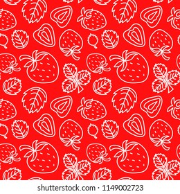 Strawberry seamless pattern. Hand drawn fresh berry. Vector sketch background. Color doodle wallpaper. Red print