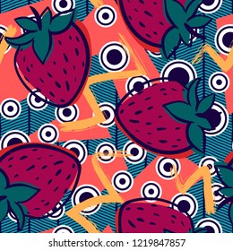 Strawberry seamless pattern. Hand drawn fresh berry. Multicolored vector sketch background. Colorful doodle wallpaper. Red and green print