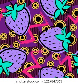 Strawberry seamless pattern. Hand drawn fresh berry. Multicolored vector sketch background. Colorful doodle wallpaper. Red and green print